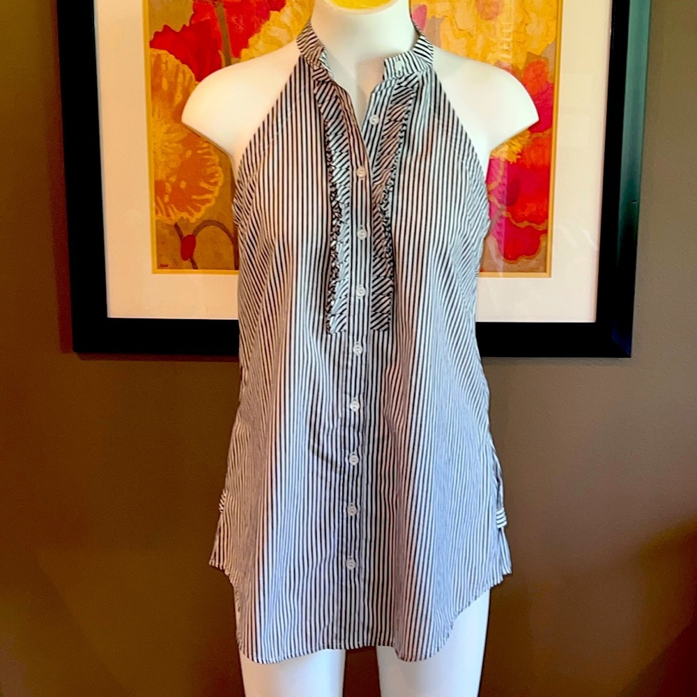 FOREVER 21 XXI Button Down Ruffle Front Striped Mini Shirt Dress Size Small